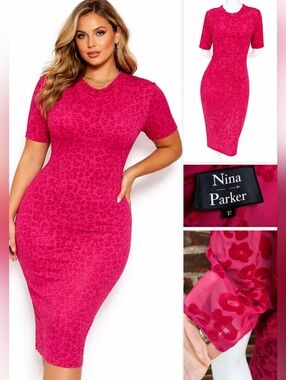 Nina Parker 1X Hot Pink Flocked Mesh Bodycon Midi Dress Plus Size Party Cocktail